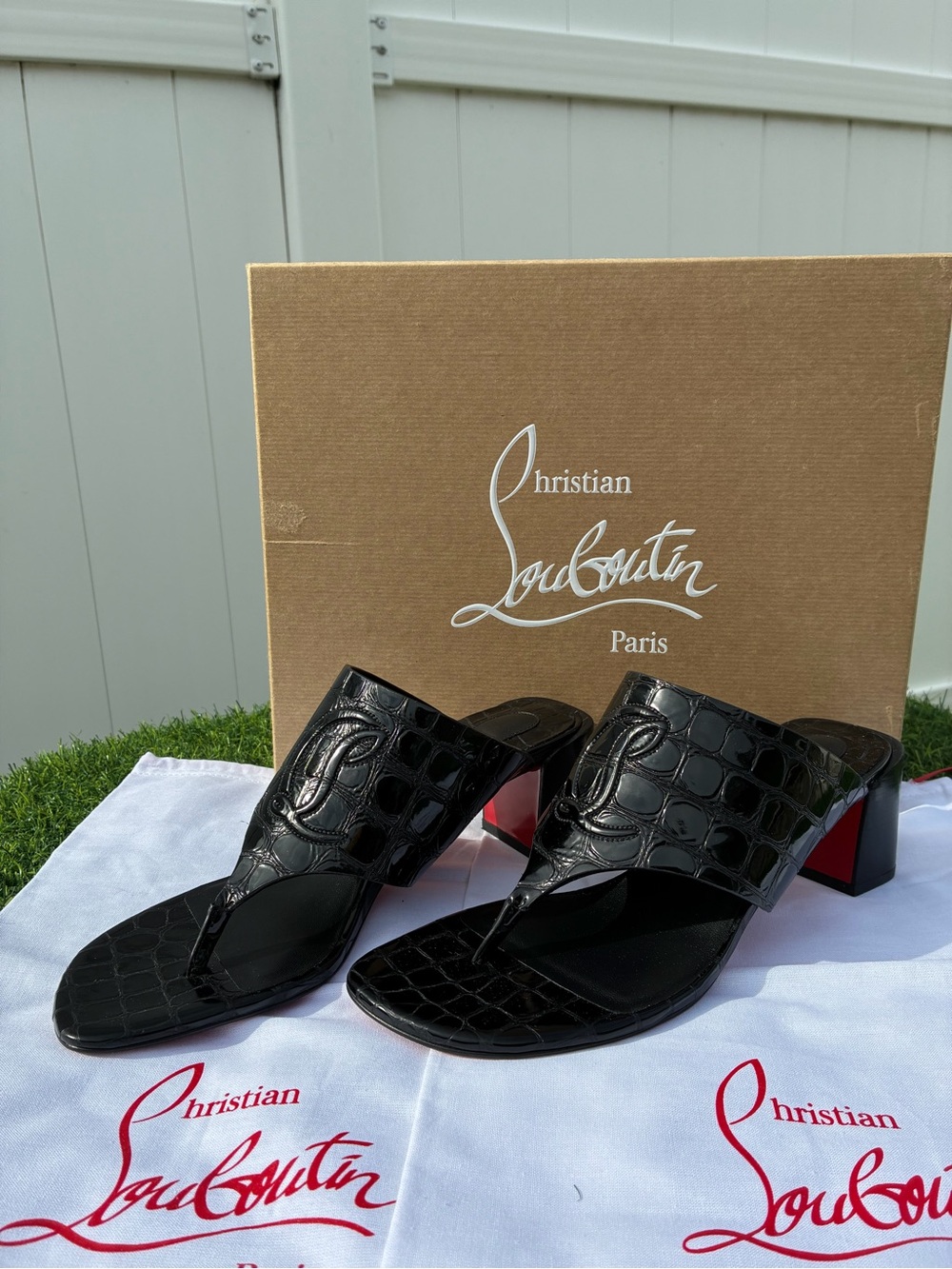 CHRISTIAN LOUBOUTIN CL TONGAMULE SANDALS LOGO BLACK CROC LEATHER SZ 38.5 NEW - Picture 15 of 16
